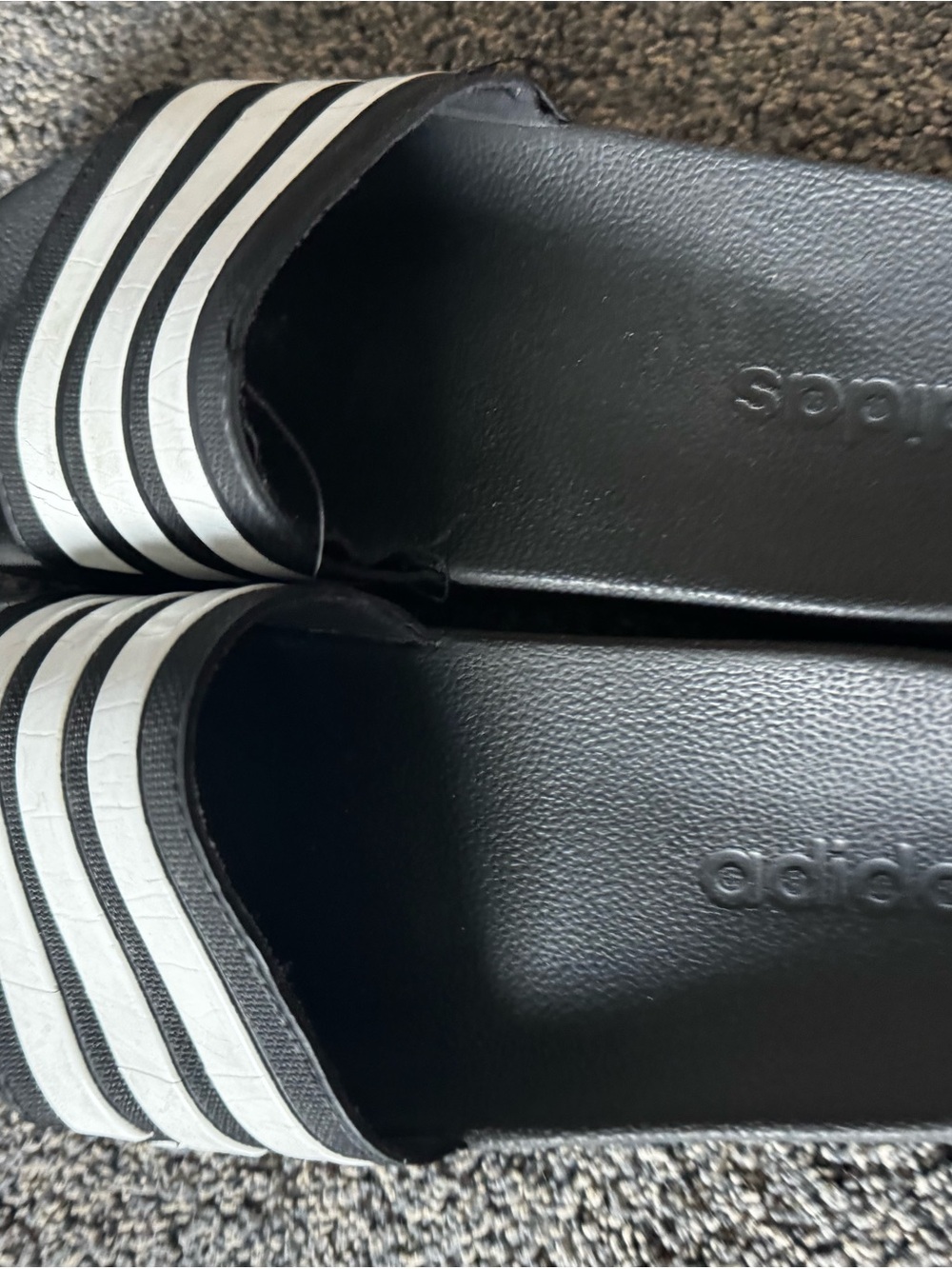 adidas Black Slide Sandals with White Three-Stripes — Kids